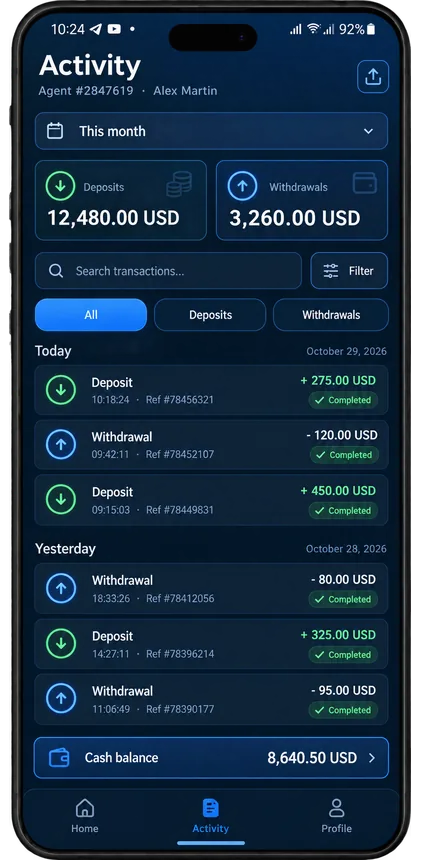 MobCash — Transaction history